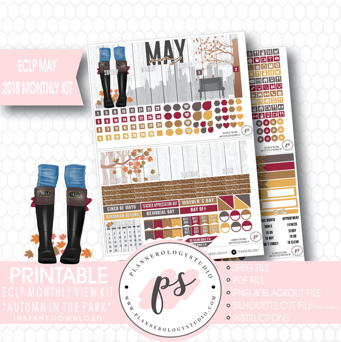 Autumn in the Park May 2018 Monthly View Kit Digital Printable Planner Stickers (for use with Erin Condren) - Plannerologystudio