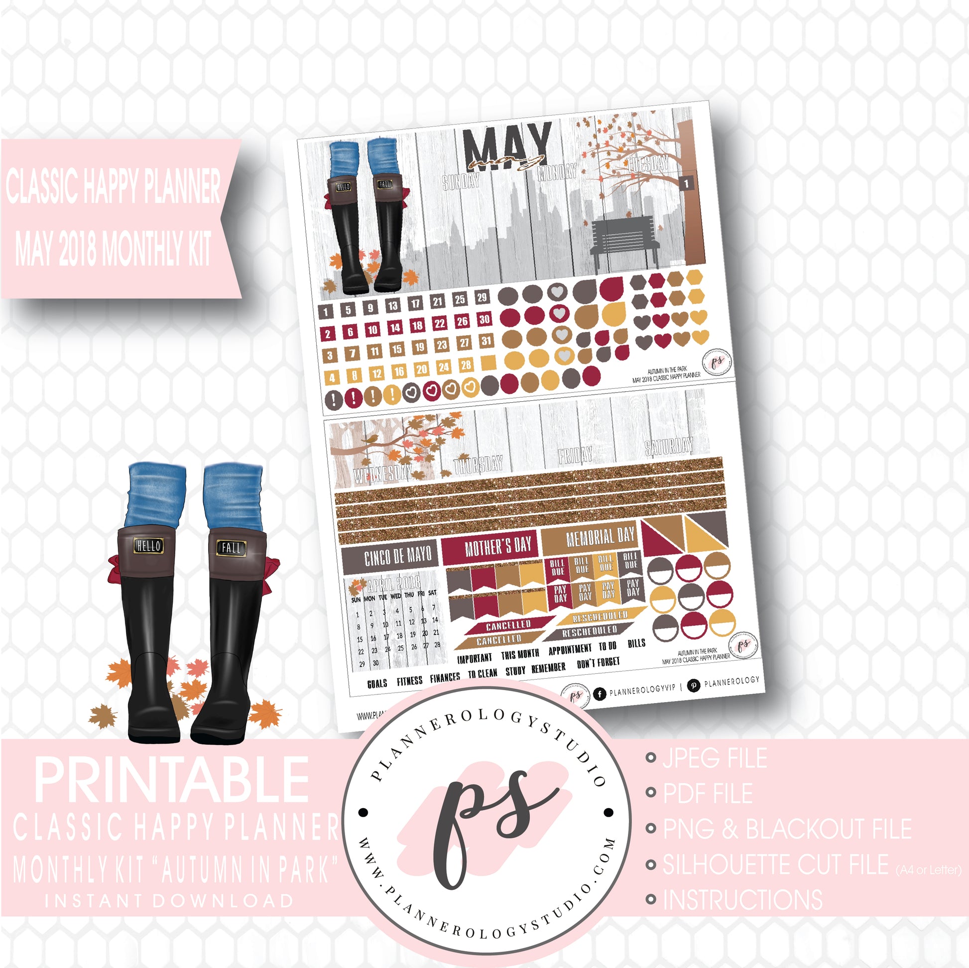 Autumn in the Park May 2018 Monthly View Kit Digital Printable Planner Stickers (for use with Classic Happy Planner) - Plannerologystudio