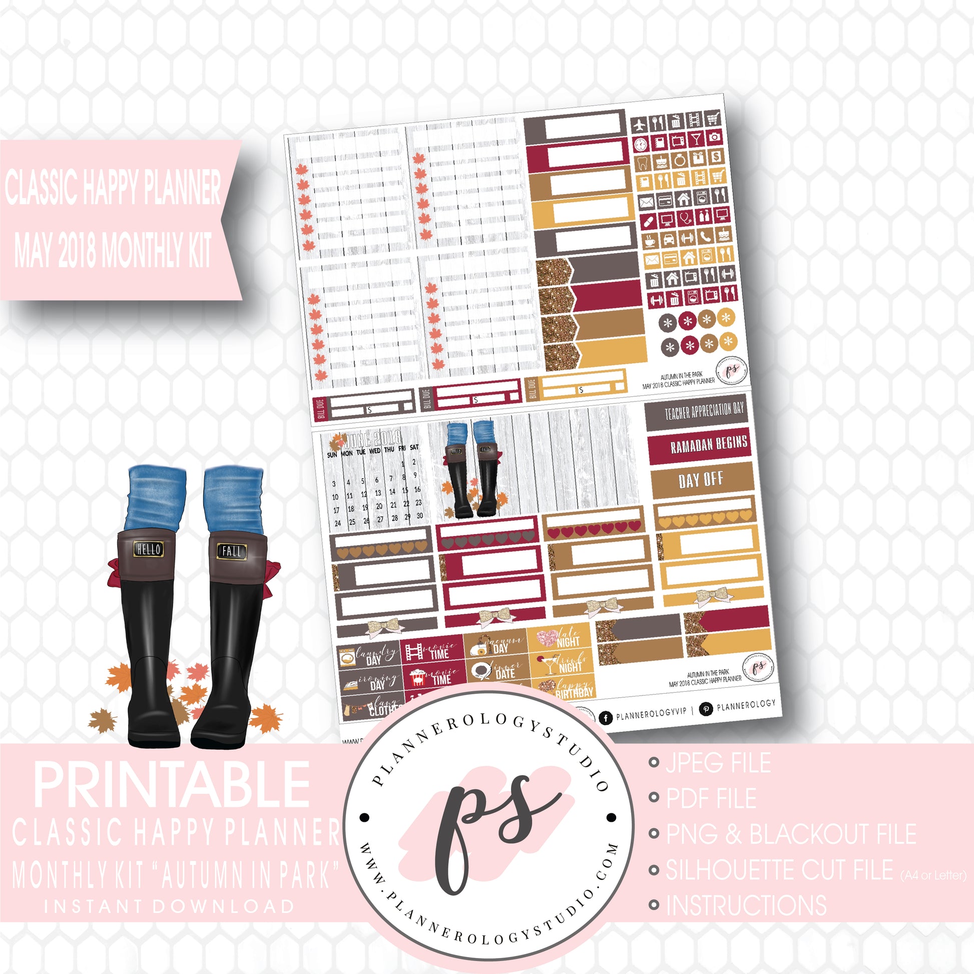 Autumn in the Park May 2018 Monthly View Kit Digital Printable Planner Stickers (for use with Classic Happy Planner) - Plannerologystudio
