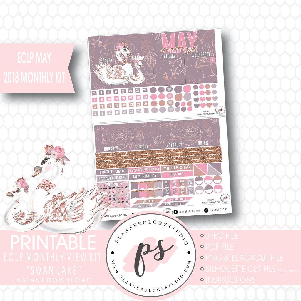 Swan Lake (Mother's Day) May 2018 Monthly View Kit Digital Printable Planner Stickers (for use with Erin Condren) - Plannerologystudio