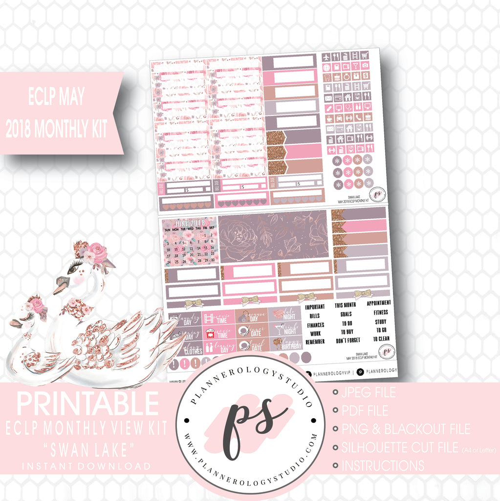Swan Lake (Mother's Day) May 2018 Monthly View Kit Digital Printable Planner Stickers (for use with Erin Condren) - Plannerologystudio