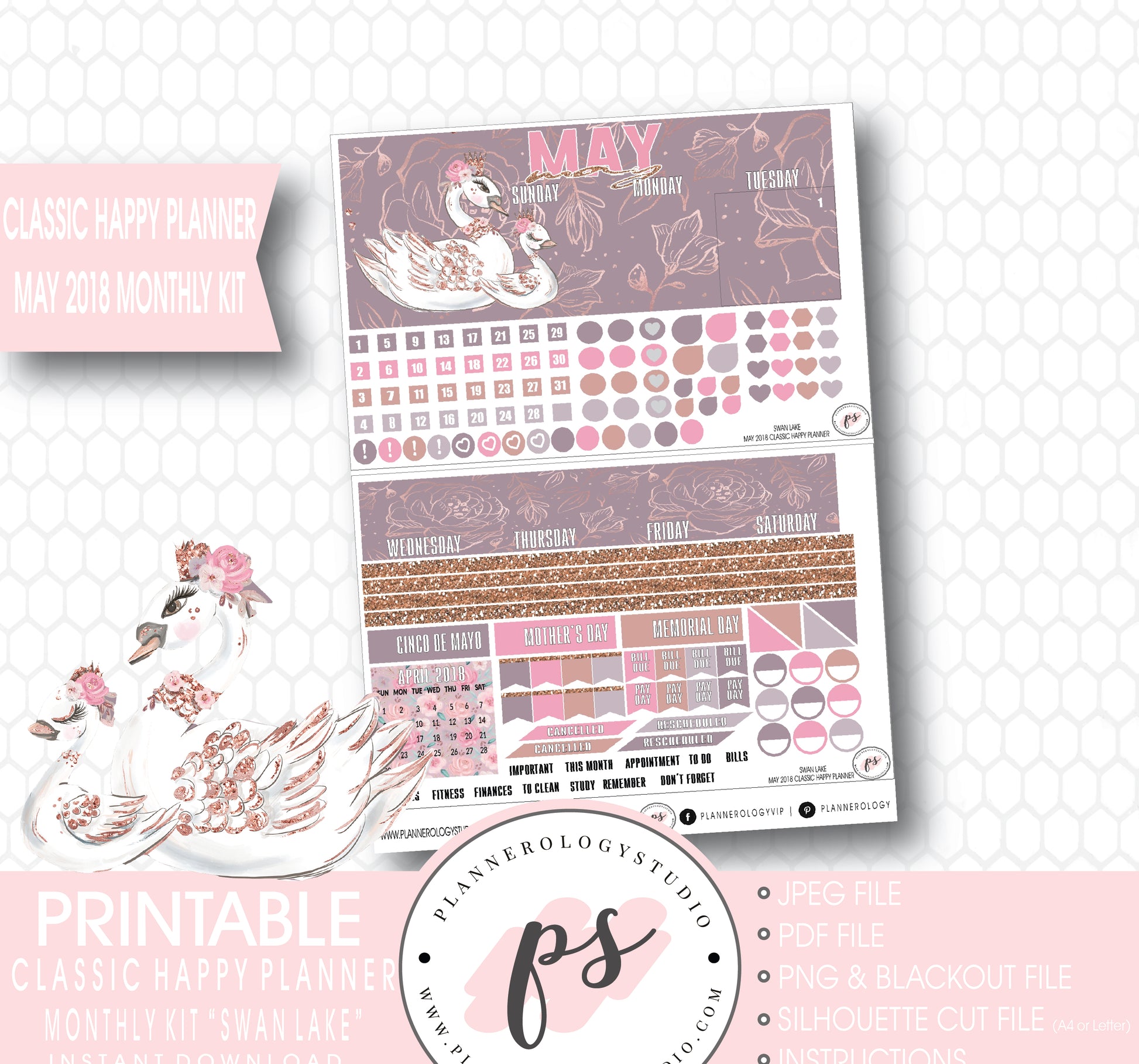 Swan Lake (Mother's Day) May 2018 Monthly View Kit Digital Printable Planner Stickers (for use with Classic Happy Planner) - Plannerologystudio