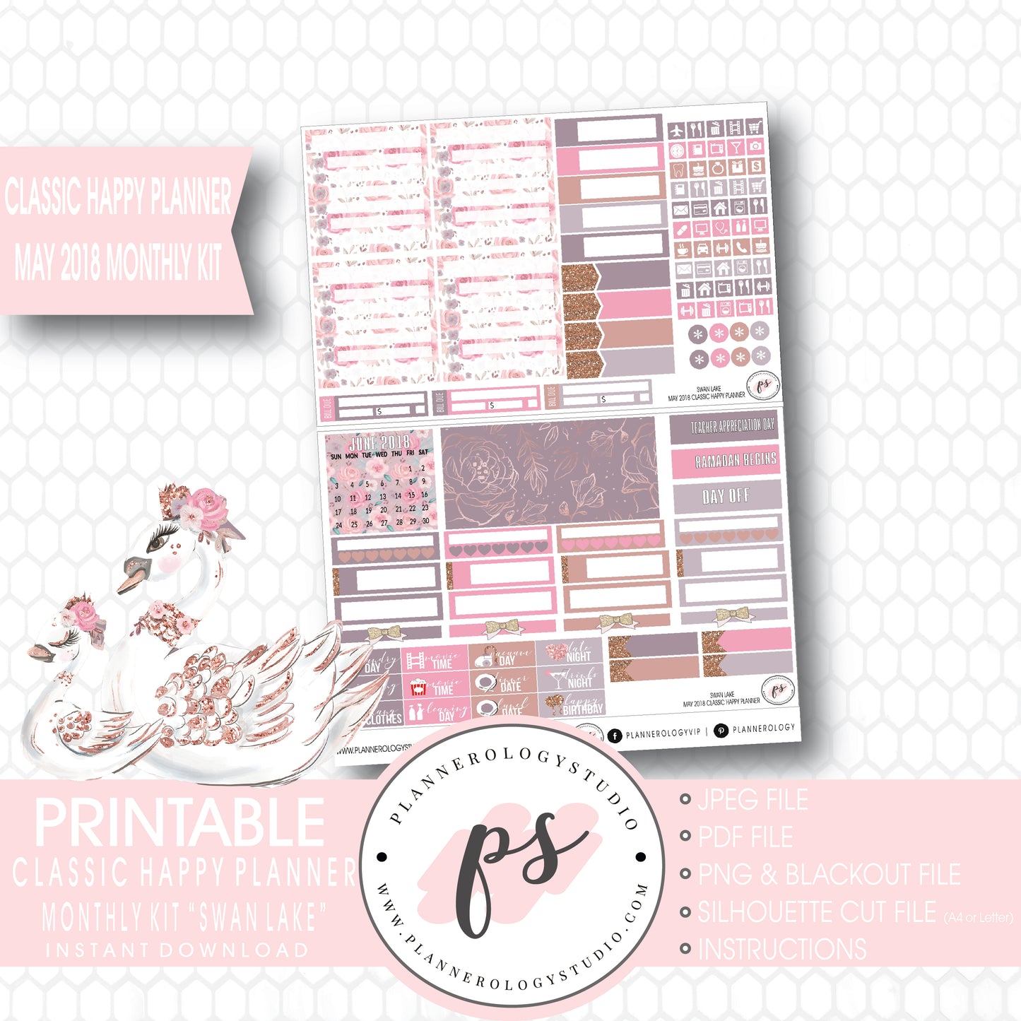Swan Lake (Mother's Day) May 2018 Monthly View Kit Digital Printable Planner Stickers (for use with Classic Happy Planner) - Plannerologystudio