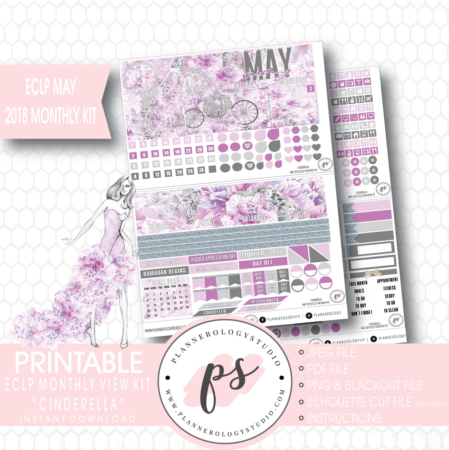 Cinderella May 2018 Monthly View Kit Digital Printable Planner Stickers (for use with Erin Condren) - Plannerologystudio