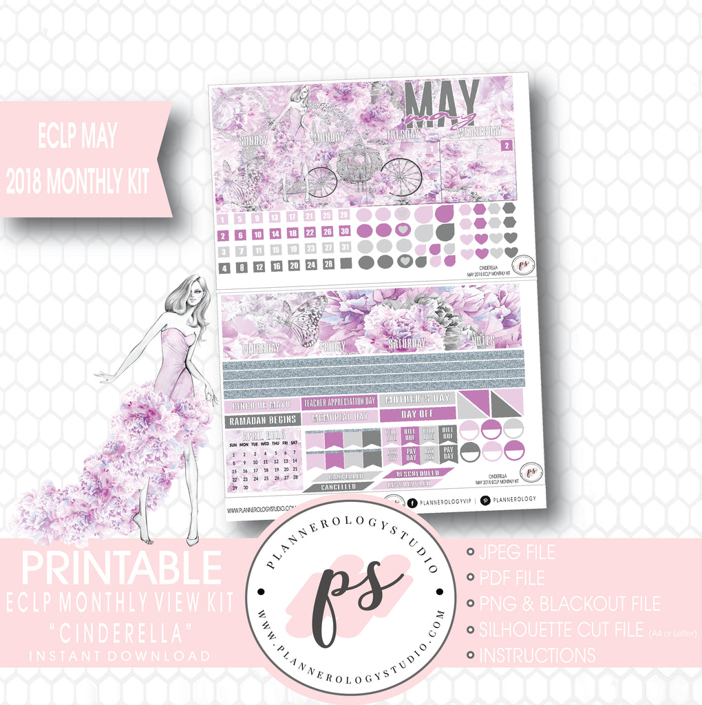 Cinderella May 2018 Monthly View Kit Digital Printable Planner Stickers (for use with Erin Condren) - Plannerologystudio