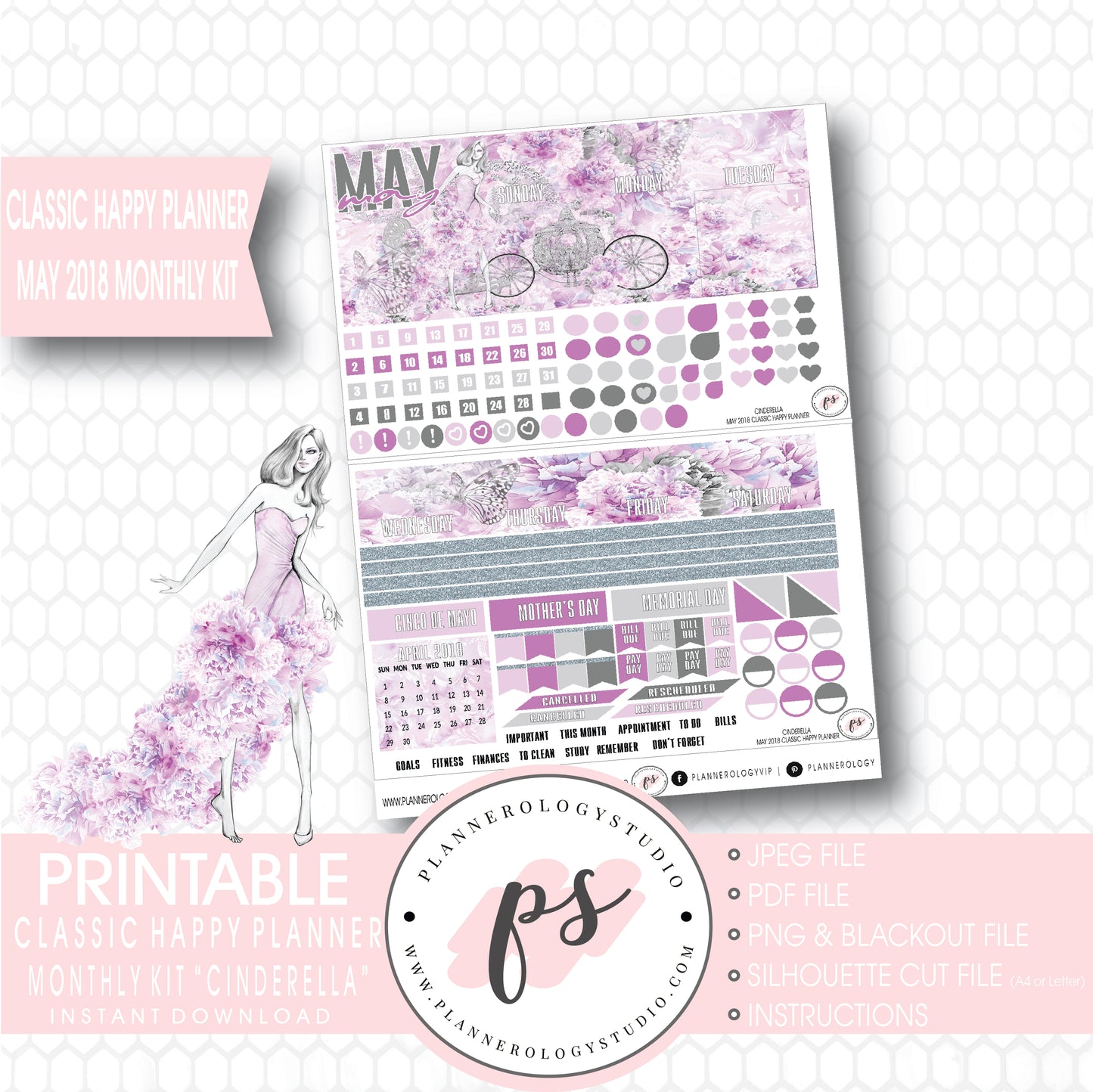 Cinderella May 2018 Monthly View Kit Digital Printable Planner Stickers (for use with Classic Happy Planner) - Plannerologystudio