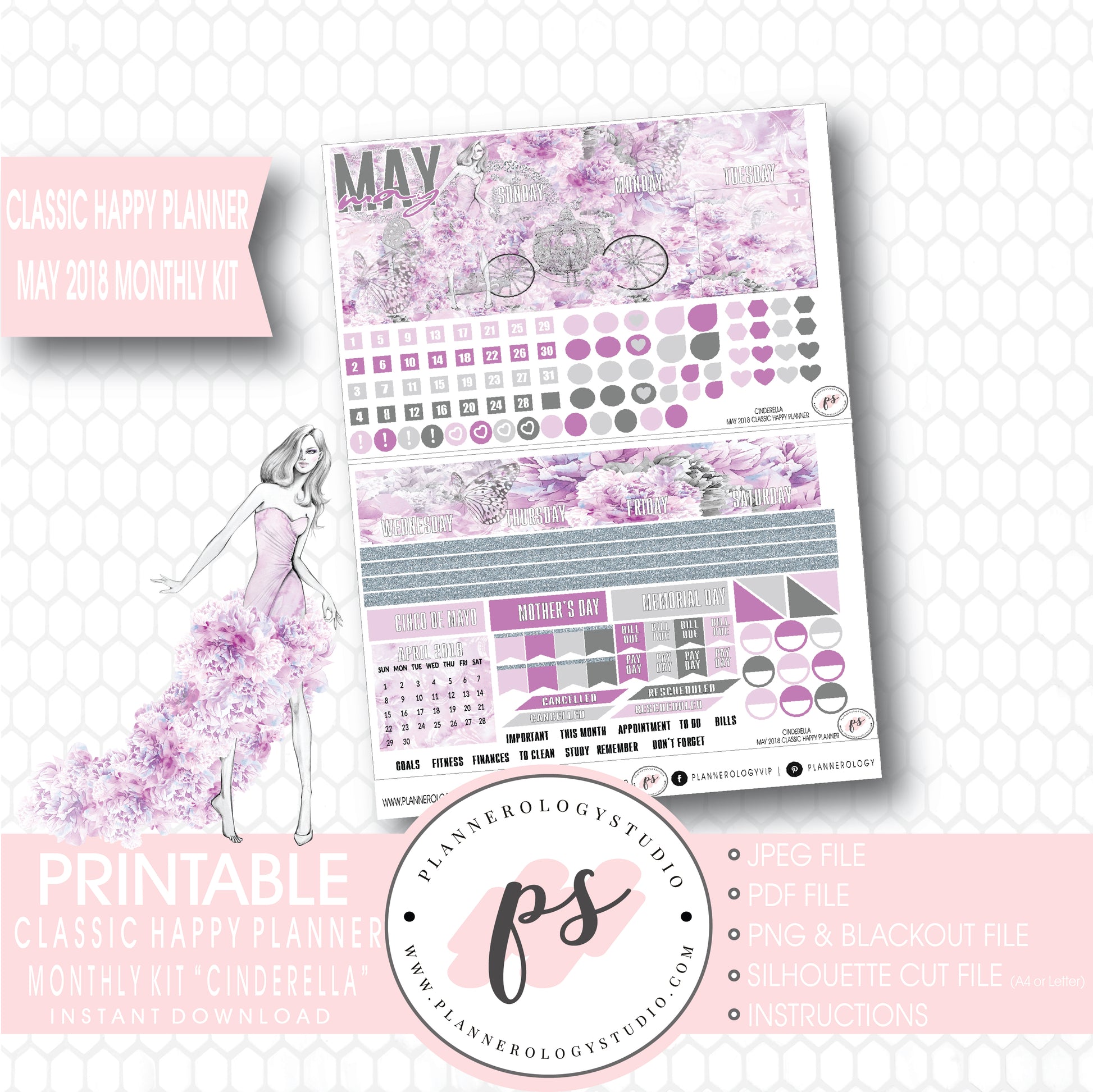 Cinderella May 2018 Monthly View Kit Digital Printable Planner Stickers (for use with Classic Happy Planner) - Plannerologystudio
