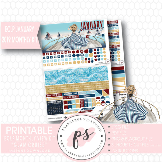 Glam Cruise January 2019 Monthly View Kit Digital Printable Planner Stickers (for use with Erin Condren) - Plannerologystudio