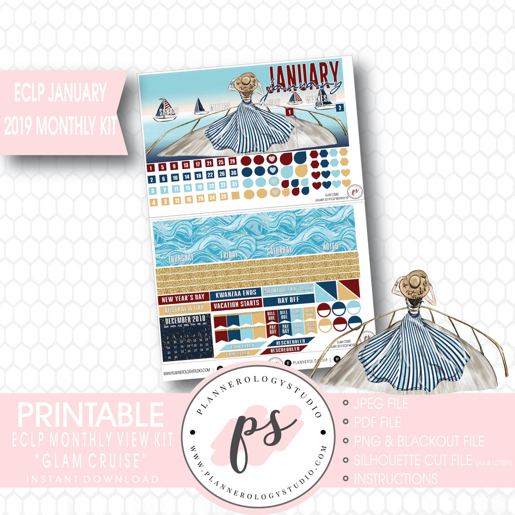 Glam Cruise January 2019 Monthly View Kit Digital Printable Planner Stickers (for use with Erin Condren) - Plannerologystudio