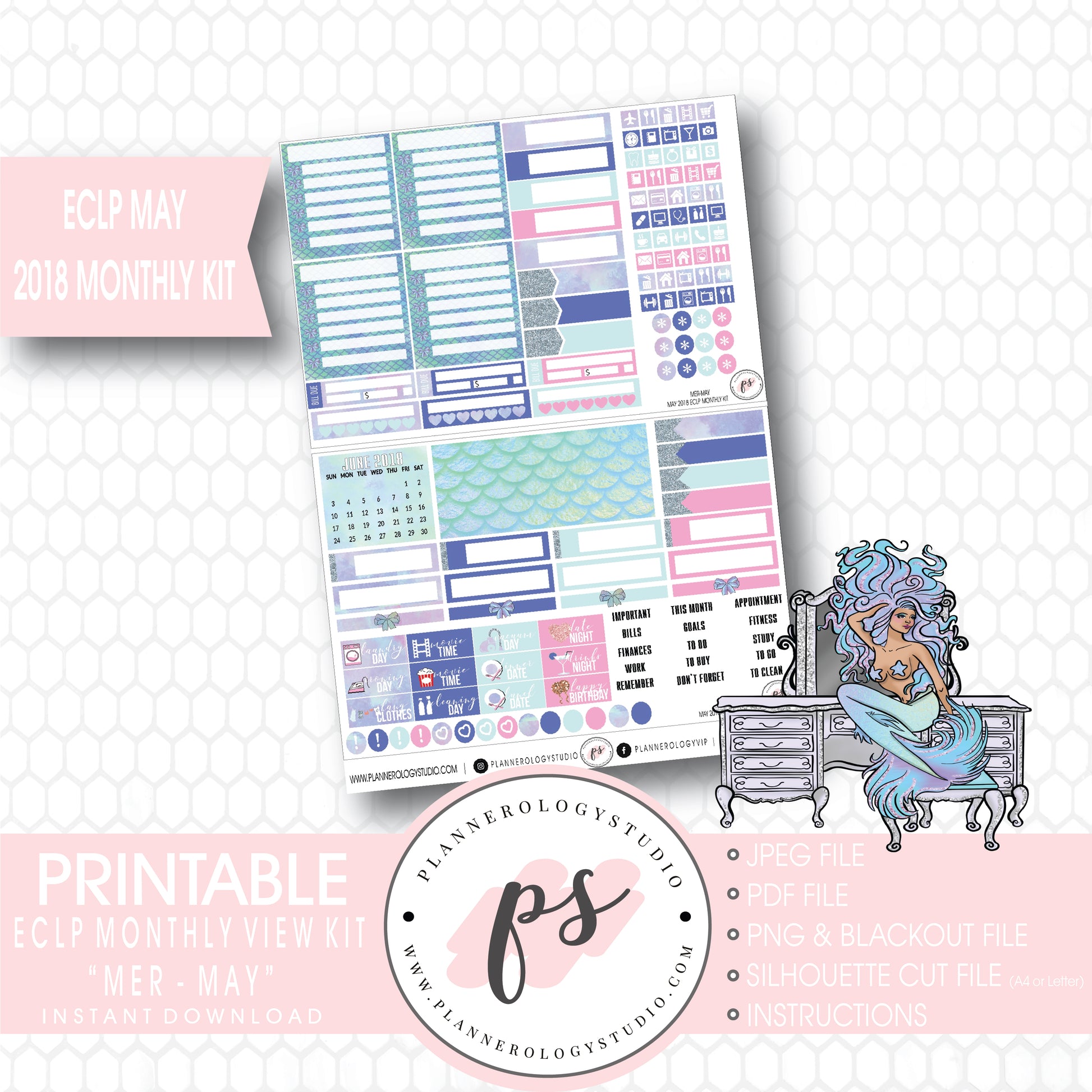 Mer-May May 2018 Monthly View Kit Digital Printable Planner Stickers (for use with Erin Condren) - Plannerologystudio