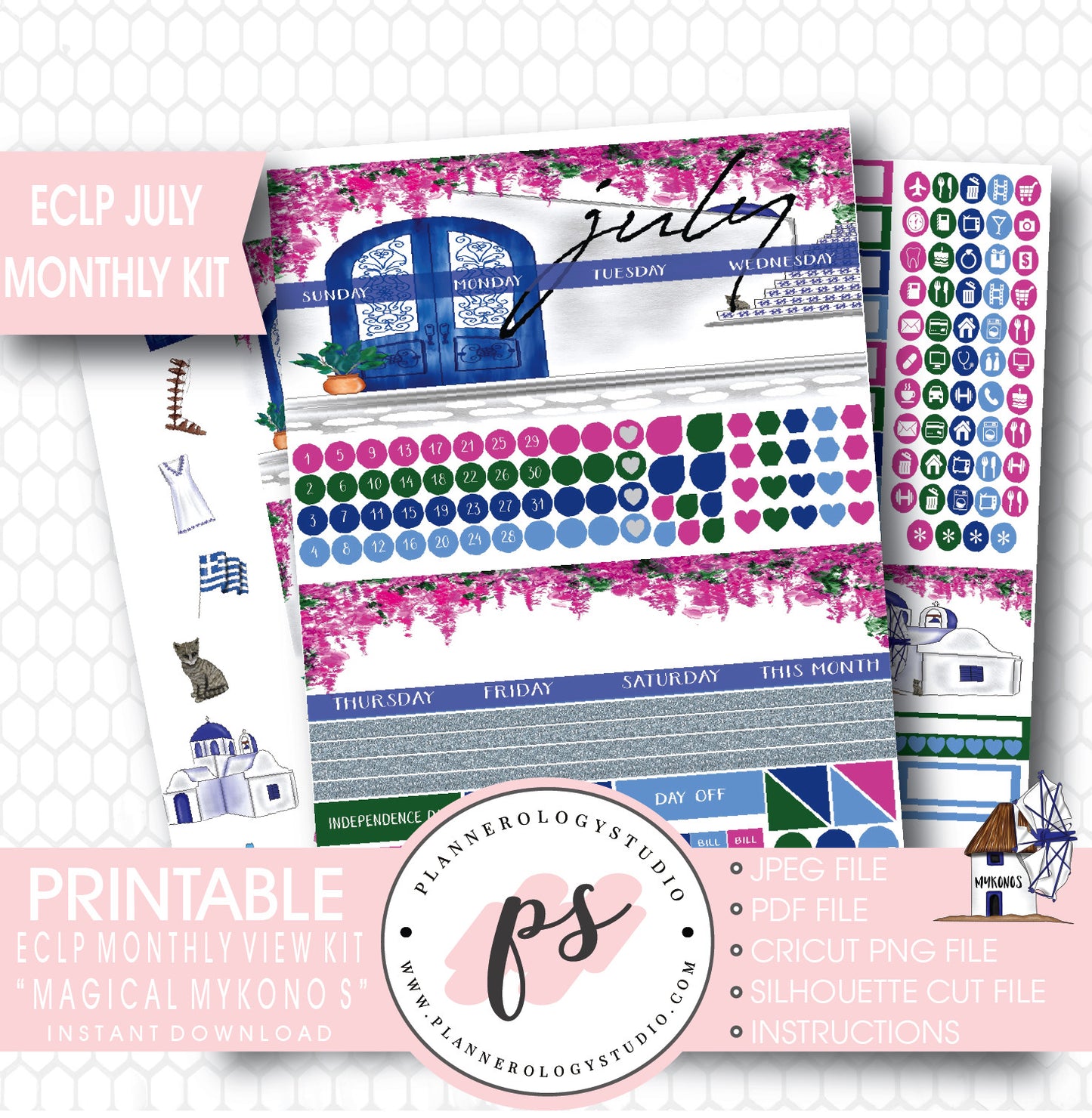 "Magical Mykonos" July 2017 Monthly View Kit Printable Planner Stickers (for use with ECLP) - Plannerologystudio