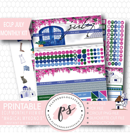 "Magical Mykonos" July 2017 Monthly View Kit Printable Planner Stickers (for use with ECLP) - Plannerologystudio