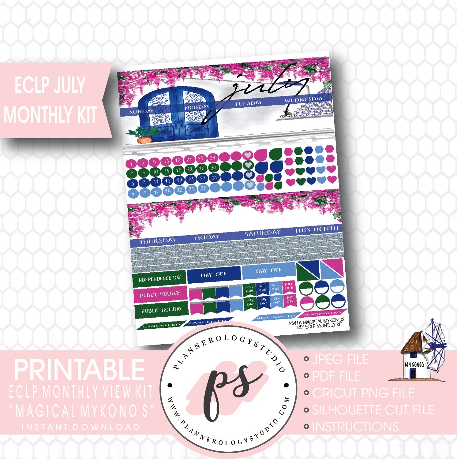 "Magical Mykonos" July 2017 Monthly View Kit Printable Planner Stickers (for use with ECLP) - Plannerologystudio