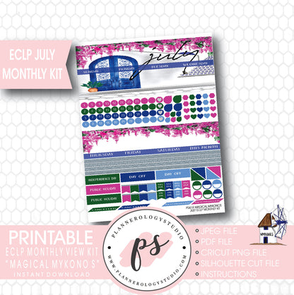 "Magical Mykonos" July 2017 Monthly View Kit Printable Planner Stickers (for use with ECLP) - Plannerologystudio