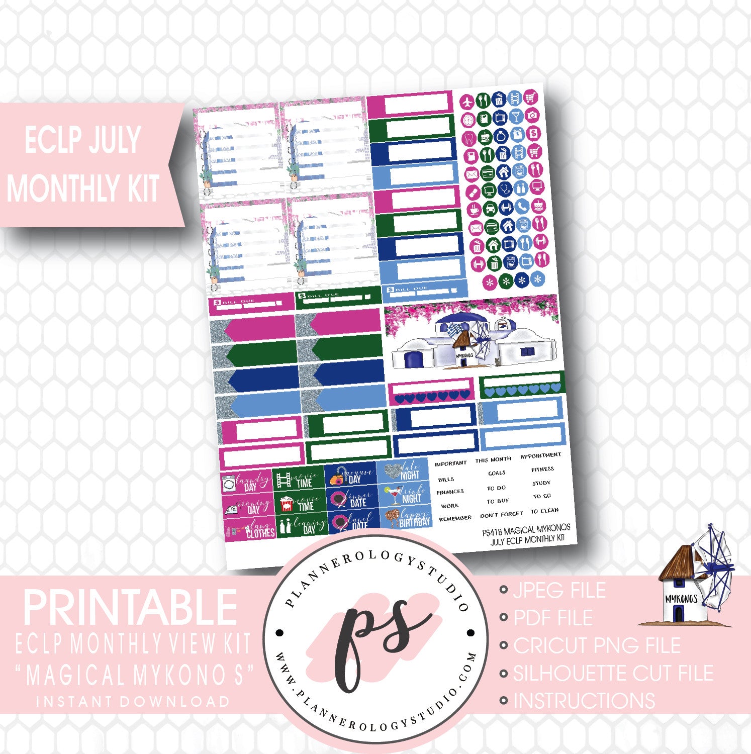 "Magical Mykonos" July 2017 Monthly View Kit Printable Planner Stickers (for use with ECLP) - Plannerologystudio