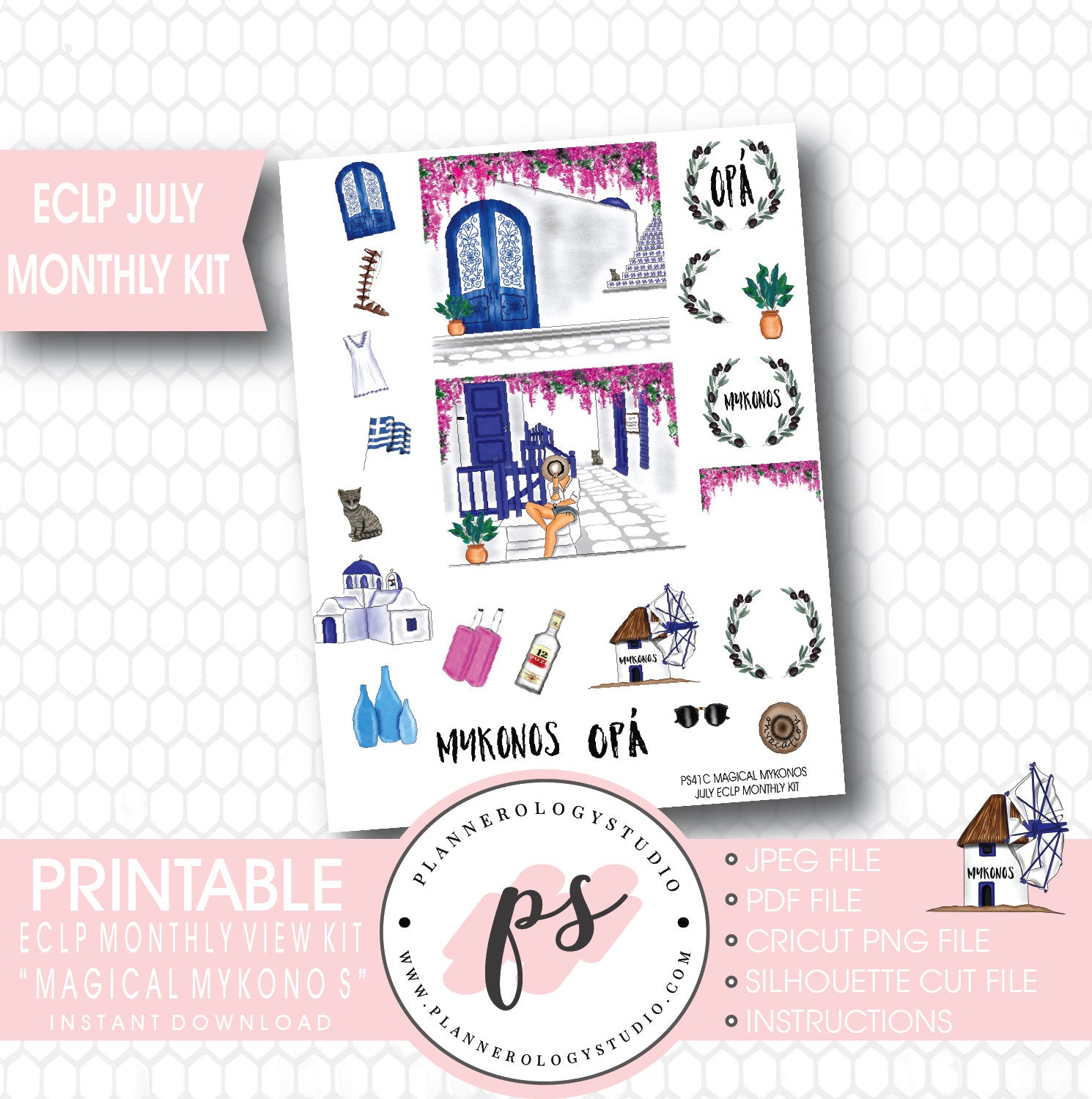 "Magical Mykonos" July 2017 Monthly View Kit Printable Planner Stickers (for use with ECLP) - Plannerologystudio