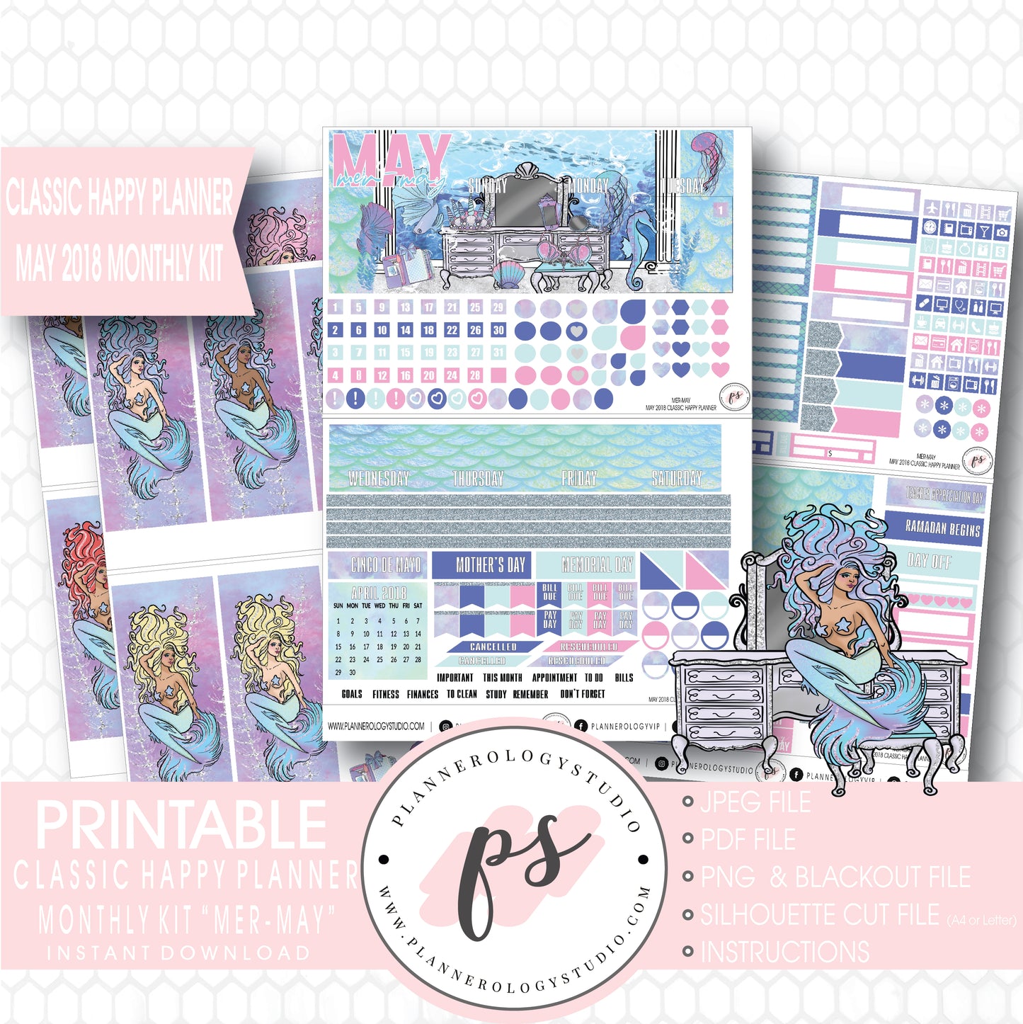 Mer-May May 2018 Monthly View Kit Digital Printable Planner Stickers (for use with Classic Happy Planner) - Plannerologystudio