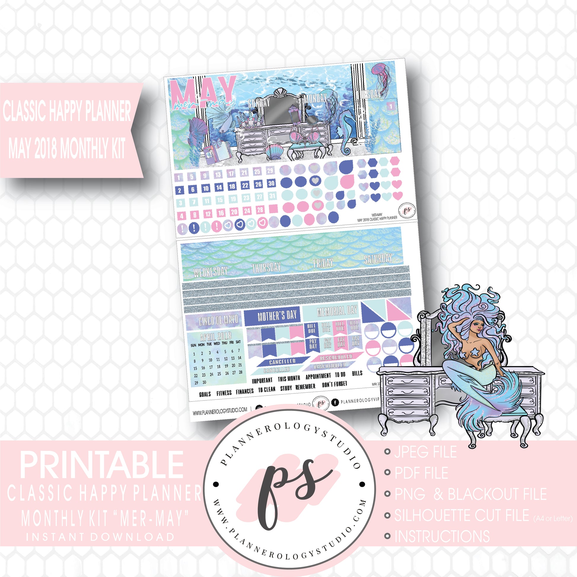 Mer-May May 2018 Monthly View Kit Digital Printable Planner Stickers (for use with Classic Happy Planner) - Plannerologystudio