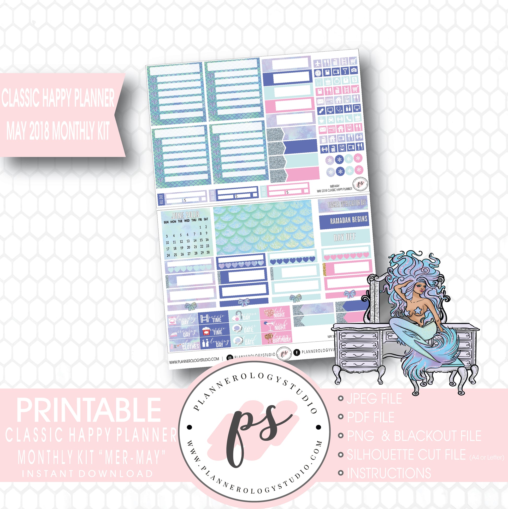 Mer-May May 2018 Monthly View Kit Digital Printable Planner Stickers (for use with Classic Happy Planner) - Plannerologystudio