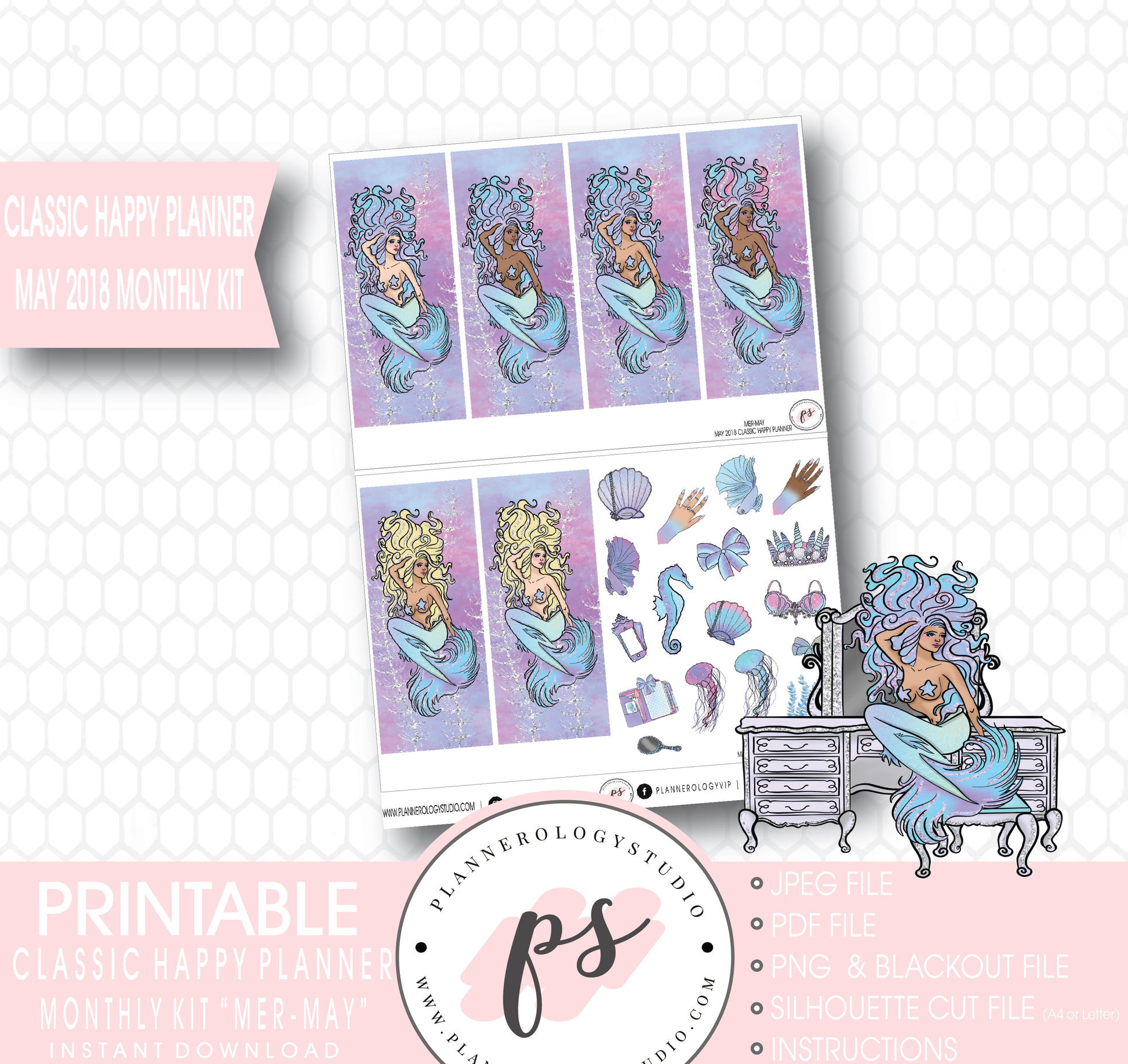 Mer-May May 2018 Monthly View Kit Digital Printable Planner Stickers (for use with Classic Happy Planner) - Plannerologystudio