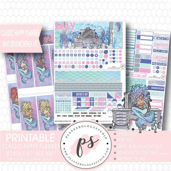 Mer-May May 2018 Monthly View Kit Digital Printable Planner Stickers (for use with Classic Happy Planner) - Plannerologystudio
