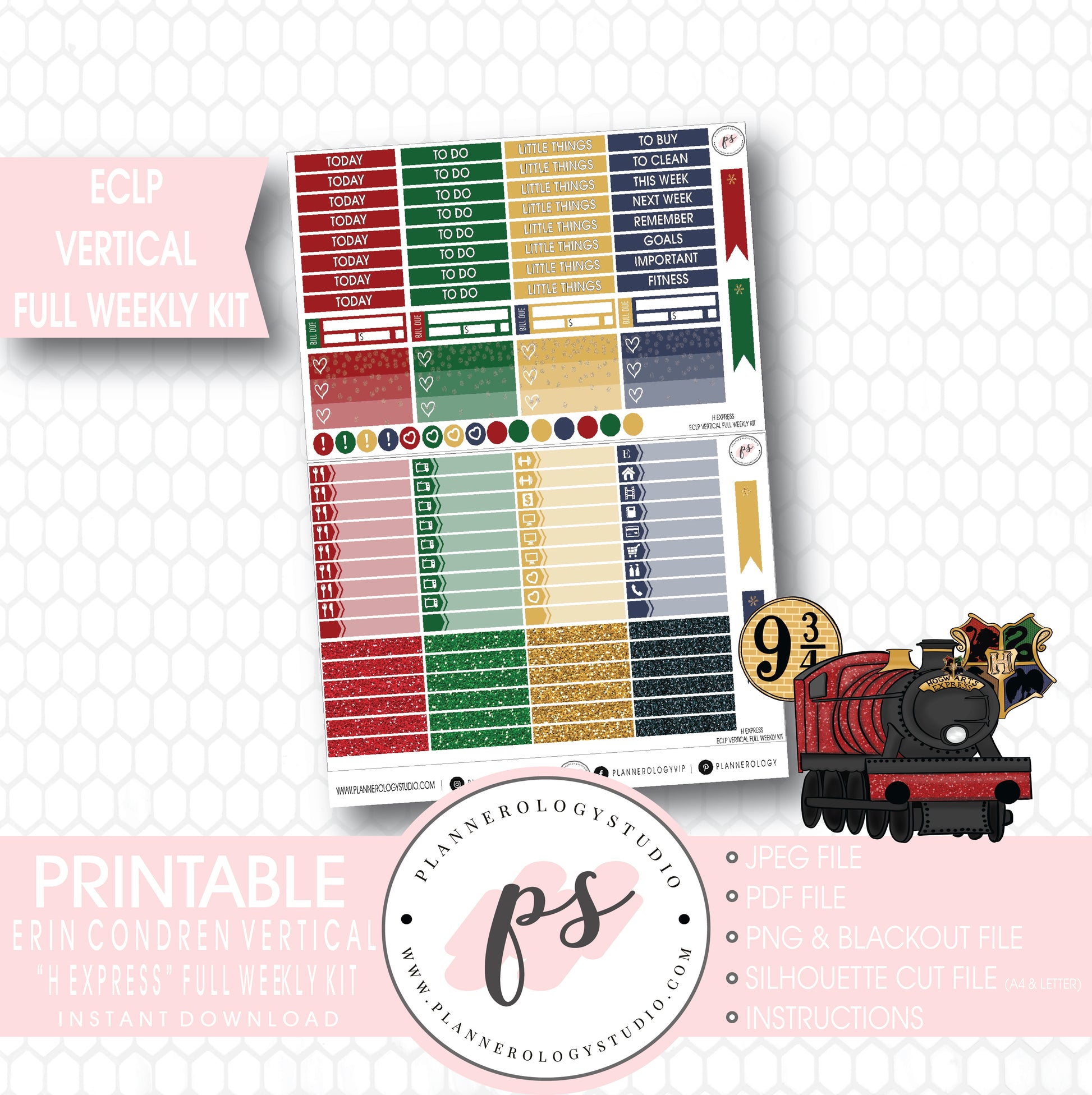 H Express (Harry Potter) Full Weekly Kit Printable Planner Stickers (for use with ECLP Vertical) - Plannerologystudio
