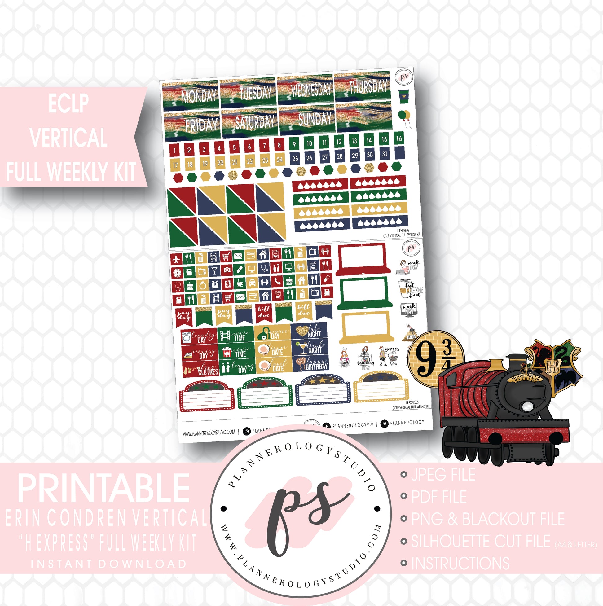 H Express (Harry Potter) Full Weekly Kit Printable Planner Stickers (for use with ECLP Vertical) - Plannerologystudio