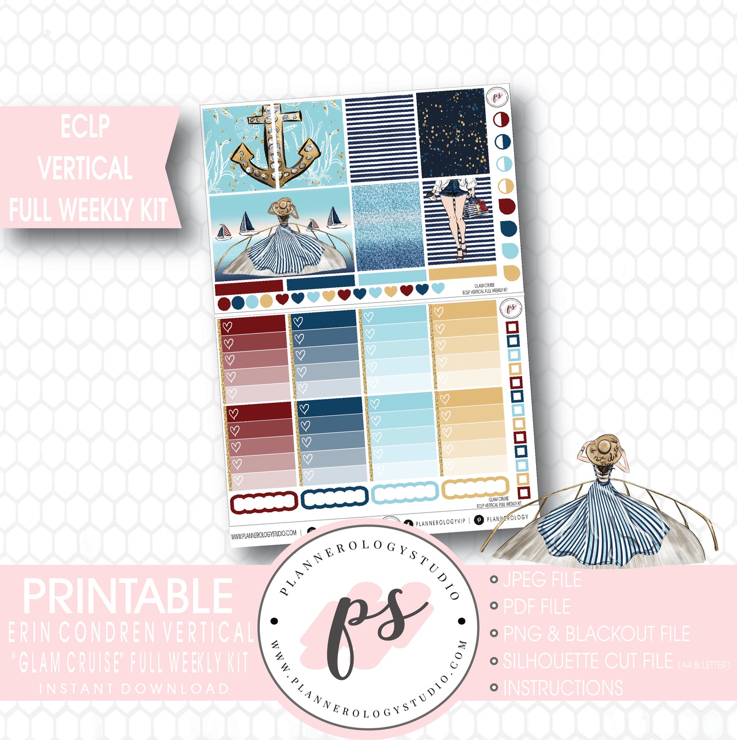 Glam Cruise Full Weekly Kit Printable Planner Stickers (for use with ECLP Vertical) - Plannerologystudio