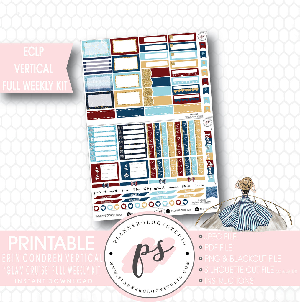 Glam Cruise Full Weekly Kit Printable Planner Stickers (for use with ECLP Vertical) - Plannerologystudio