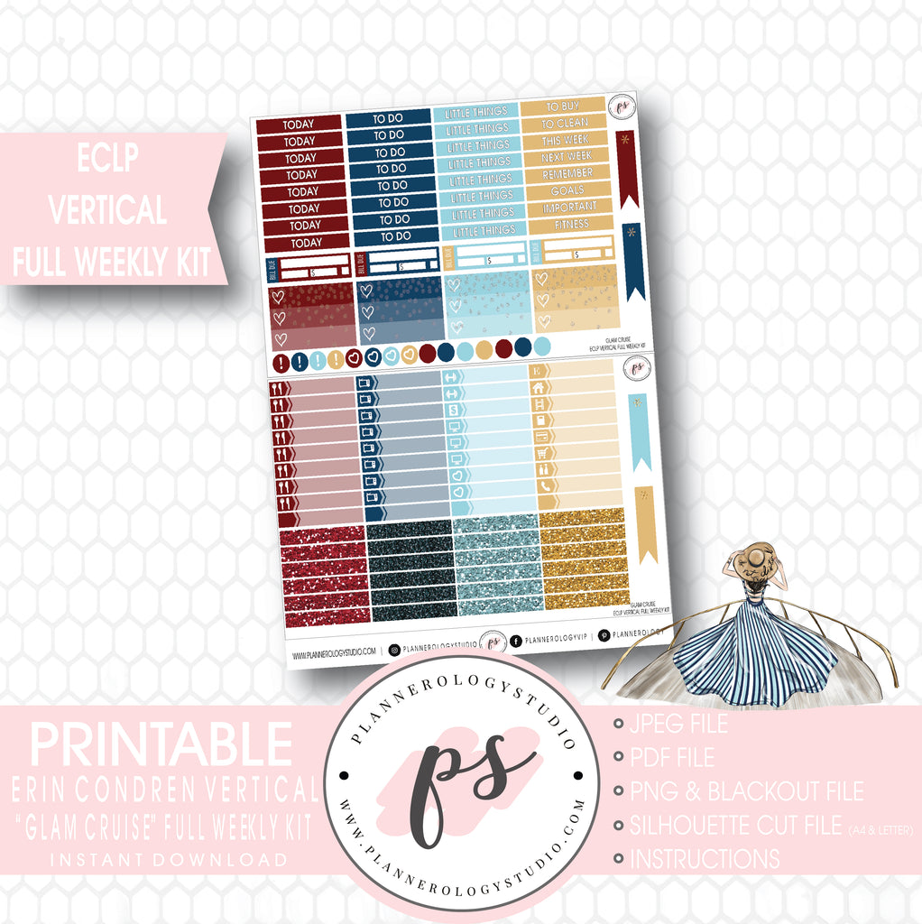 Glam Cruise Full Weekly Kit Printable Planner Stickers (for use with ECLP Vertical) - Plannerologystudio