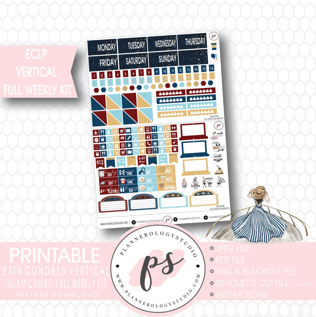 Glam Cruise Full Weekly Kit Printable Planner Stickers (for use with ECLP Vertical) - Plannerologystudio