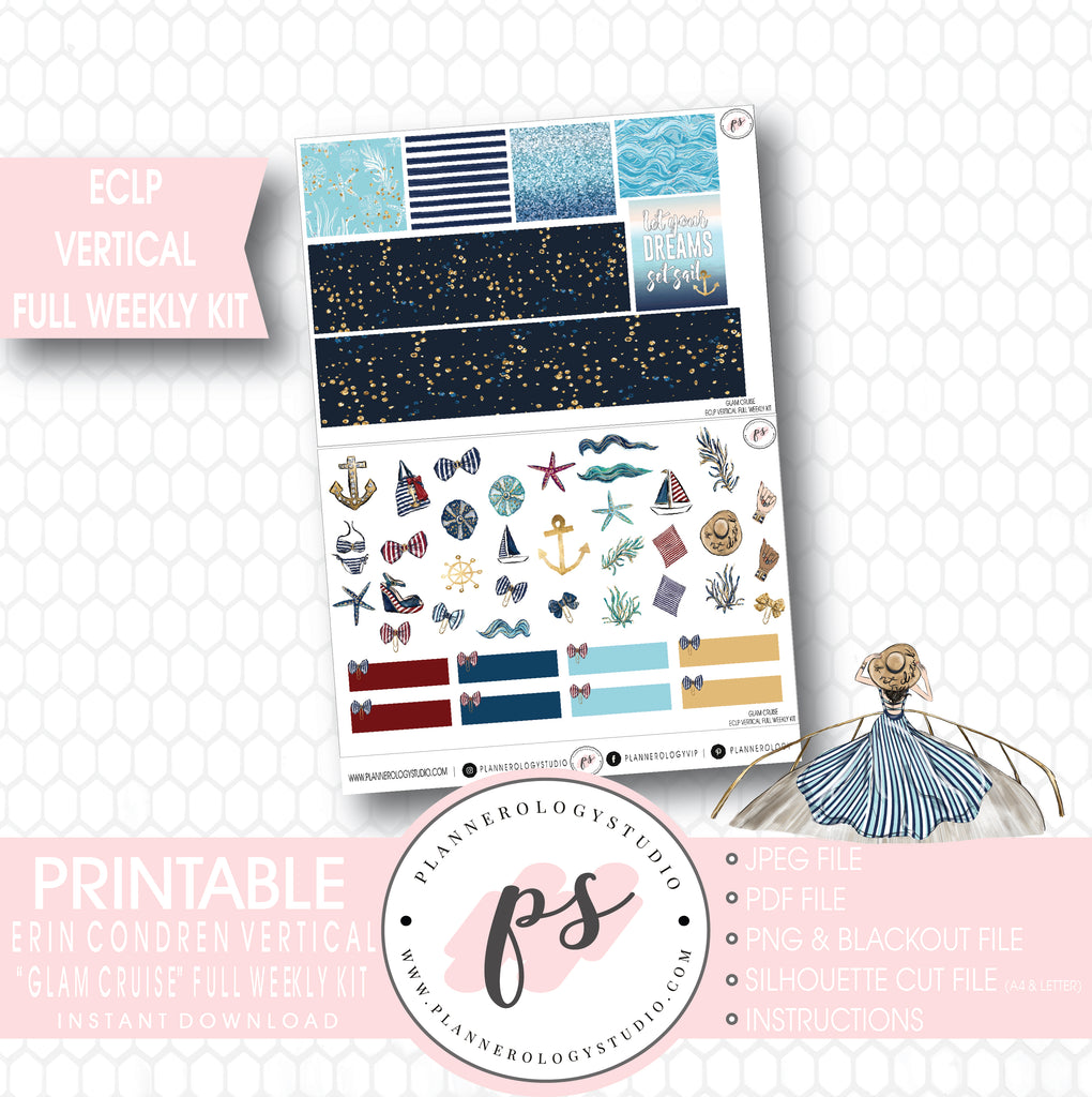 Glam Cruise Full Weekly Kit Printable Planner Stickers (for use with ECLP Vertical) - Plannerologystudio