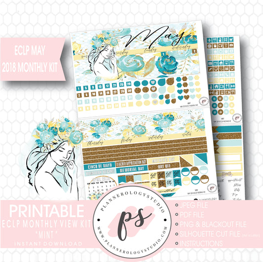 Mint May 2018 Monthly View Kit Digital Printable Planner Stickers (for use with Erin Condren) - Plannerologystudio