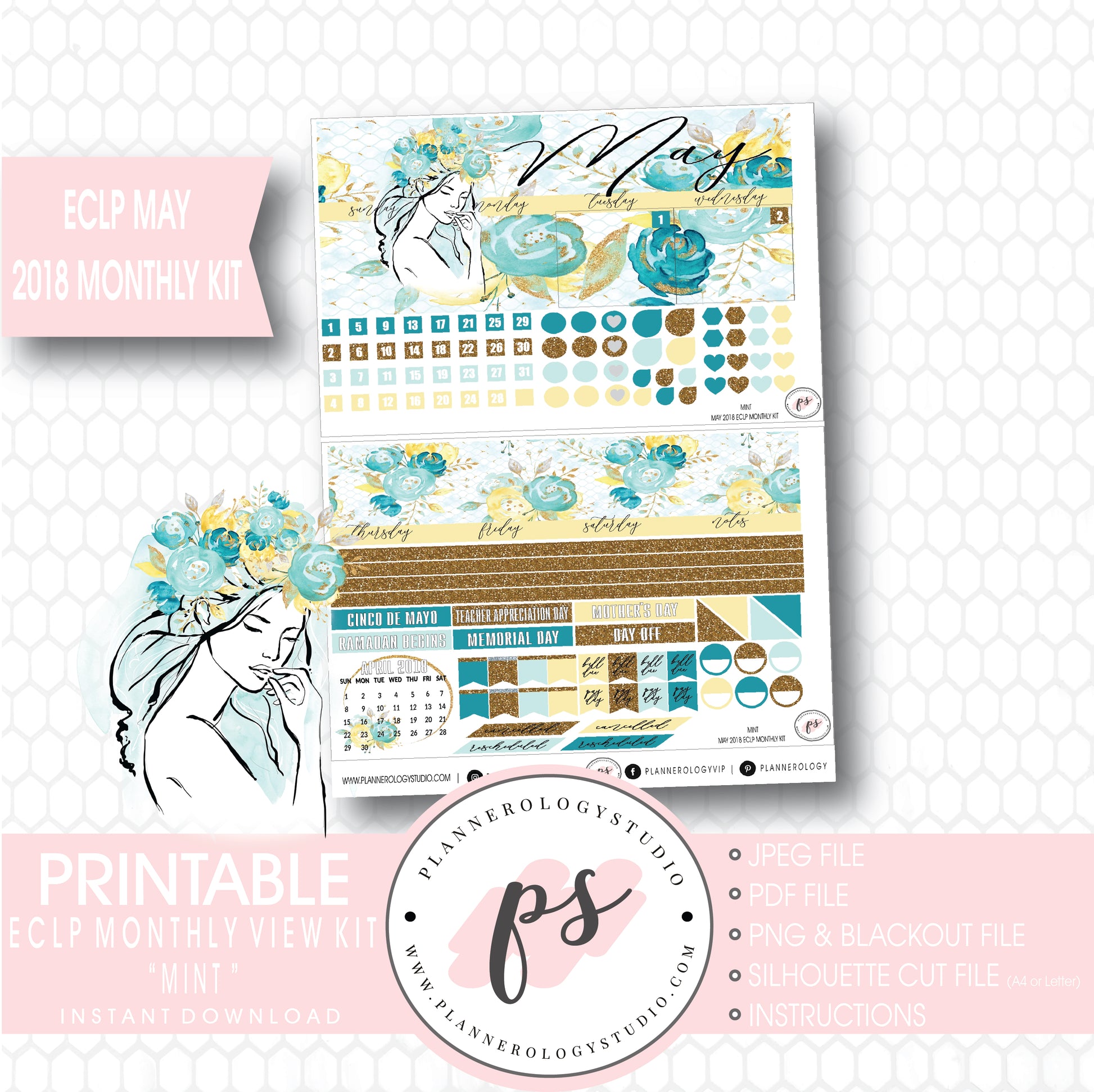 Mint May 2018 Monthly View Kit Digital Printable Planner Stickers (for use with Erin Condren) - Plannerologystudio