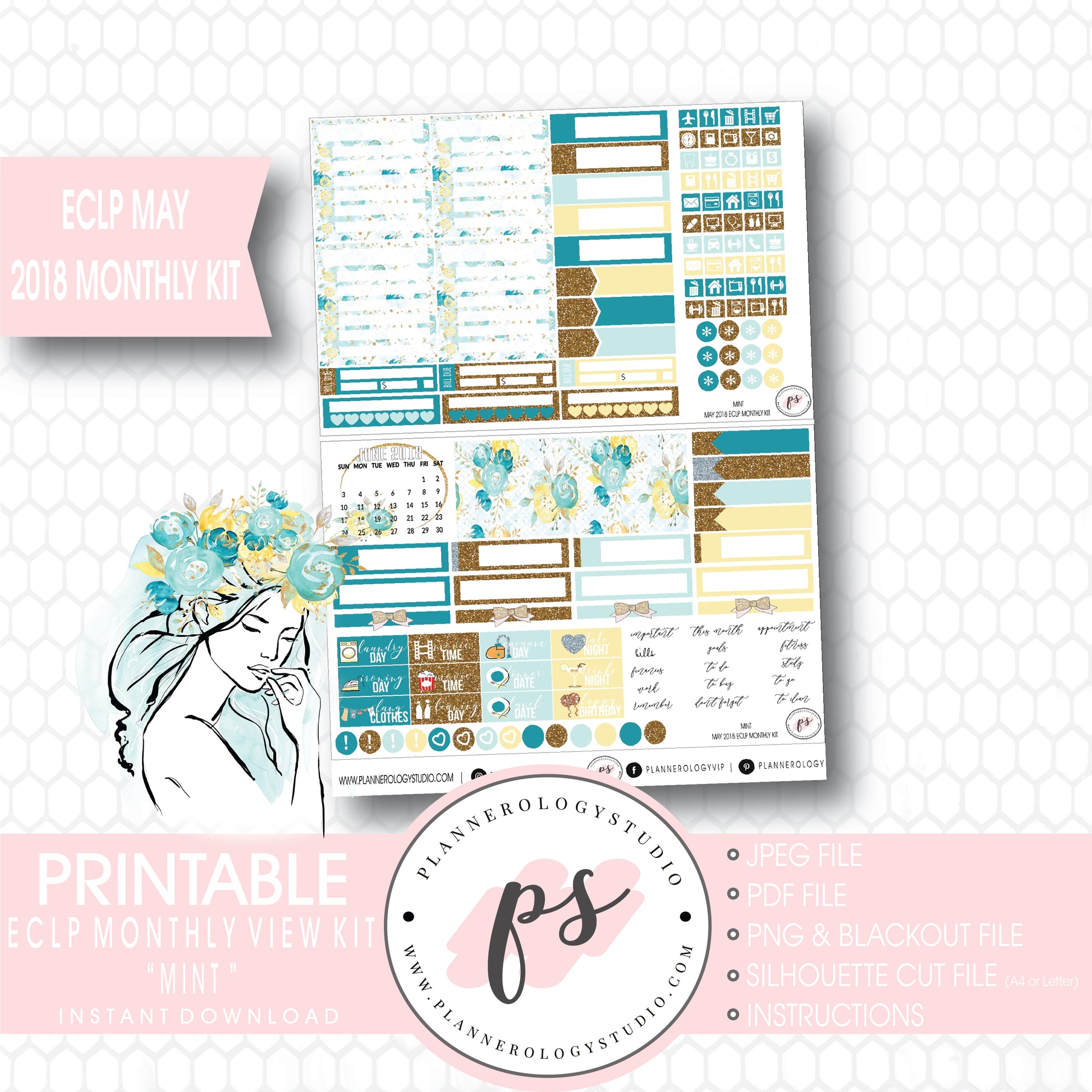 Mint May 2018 Monthly View Kit Digital Printable Planner Stickers (for use with Erin Condren) - Plannerologystudio