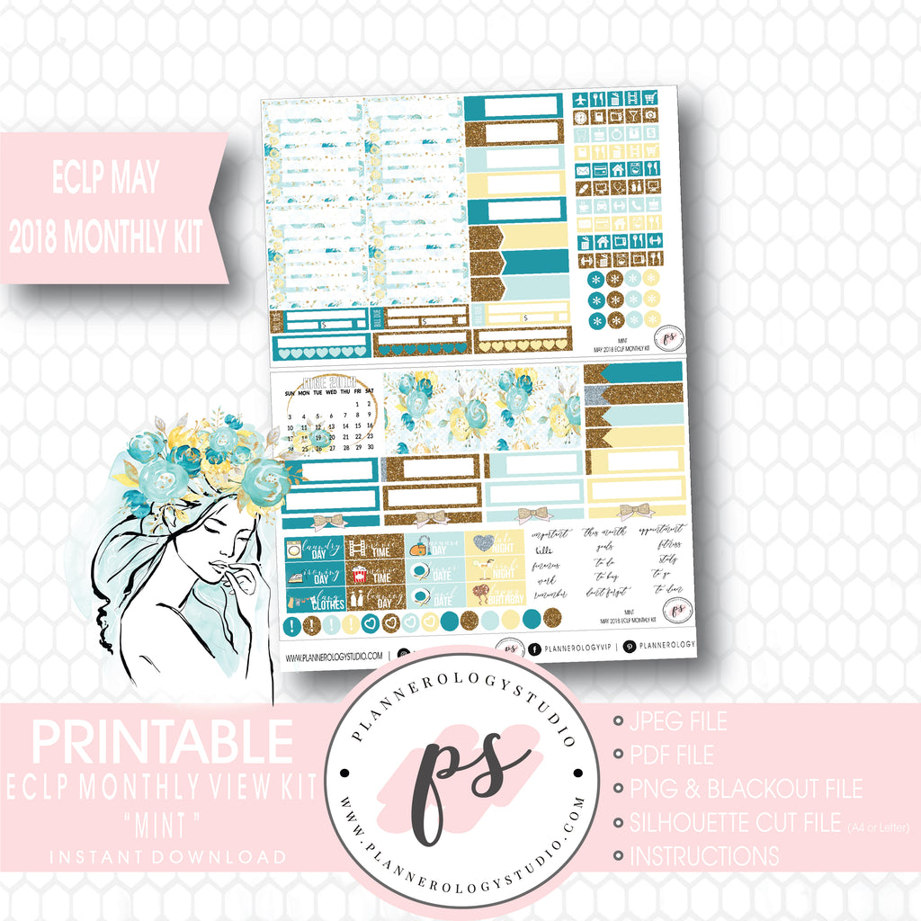 Mint May 2018 Monthly View Kit Digital Printable Planner Stickers (for use with Erin Condren) - Plannerologystudio