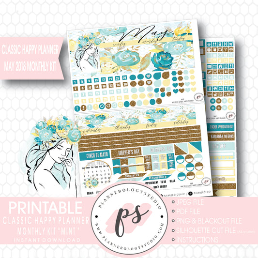 Mint May 2018 Monthly View Kit Digital Printable Planner Stickers (for use with Classic Happy Planner) - Plannerologystudio