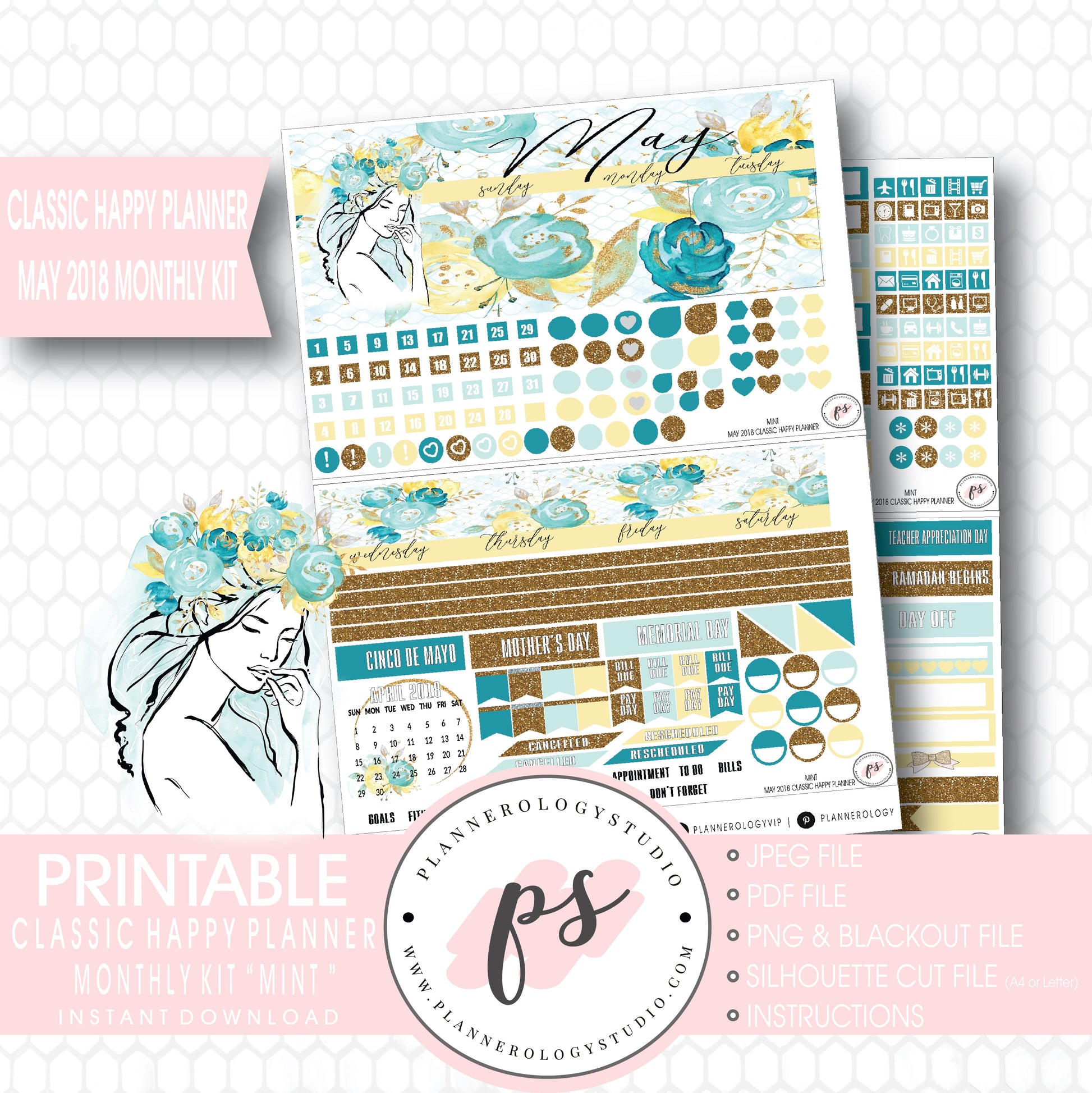 Mint May 2018 Monthly View Kit Digital Printable Planner Stickers (for use with Classic Happy Planner) - Plannerologystudio