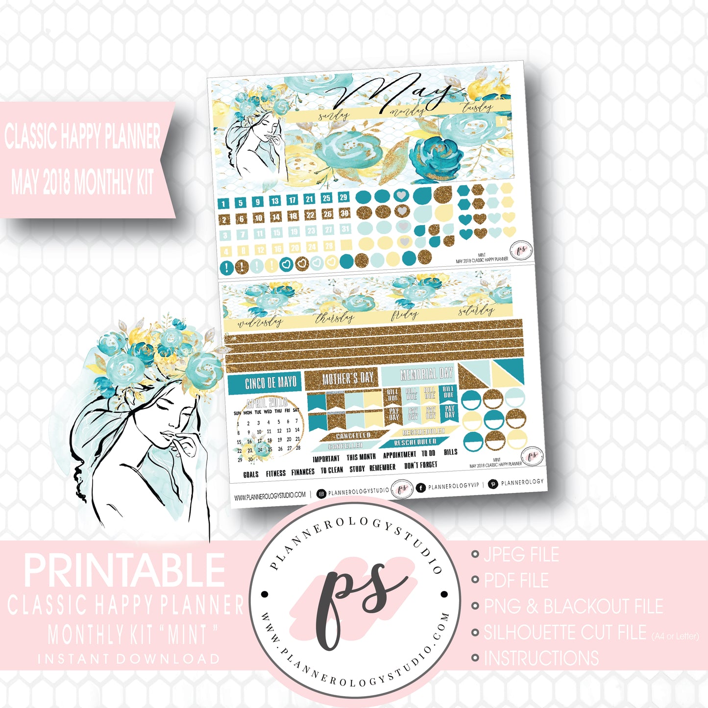 Mint May 2018 Monthly View Kit Digital Printable Planner Stickers (for use with Classic Happy Planner) - Plannerologystudio