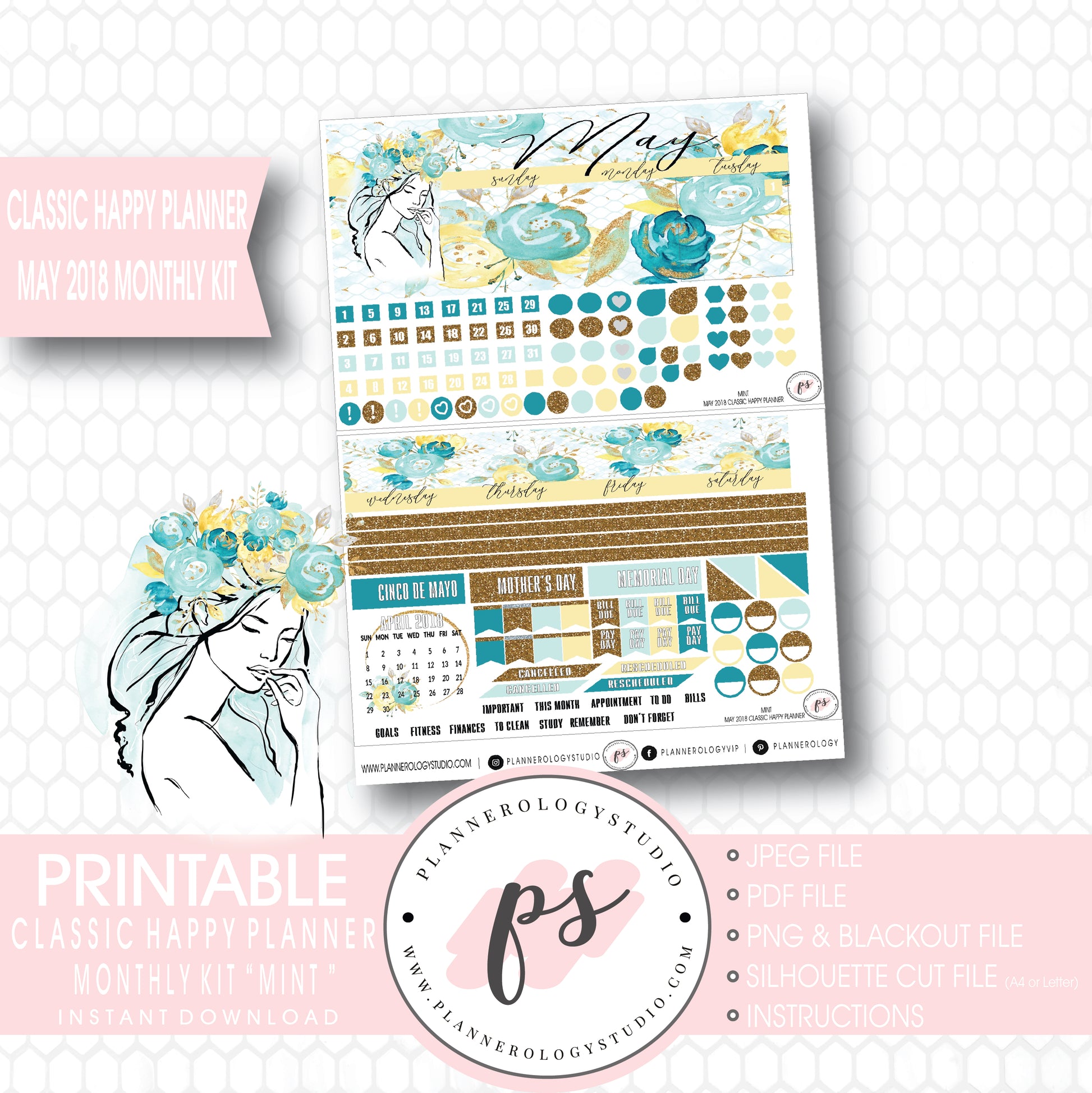 Mint May 2018 Monthly View Kit Digital Printable Planner Stickers (for use with Classic Happy Planner) - Plannerologystudio