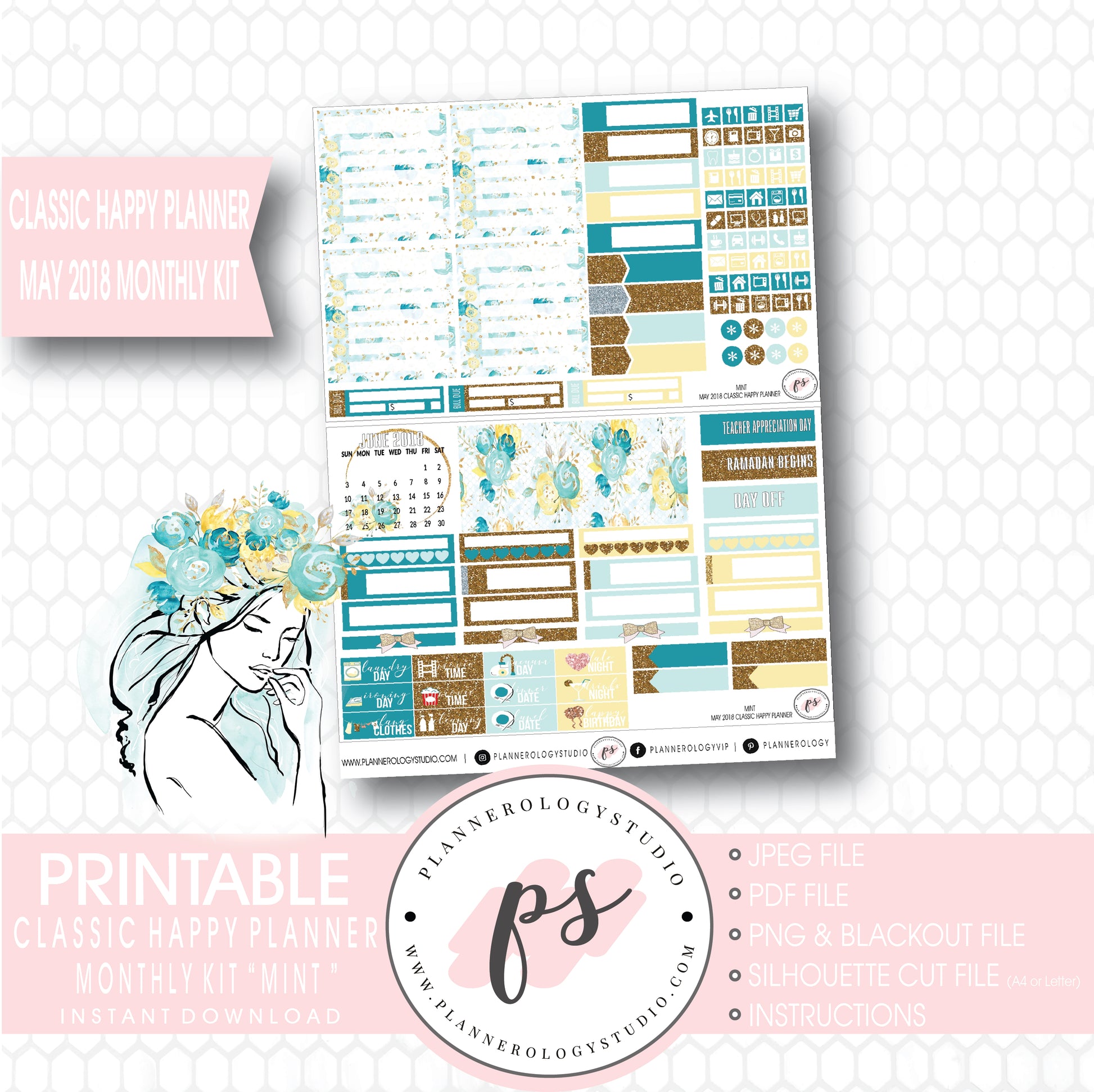 Mint May 2018 Monthly View Kit Digital Printable Planner Stickers (for use with Classic Happy Planner) - Plannerologystudio