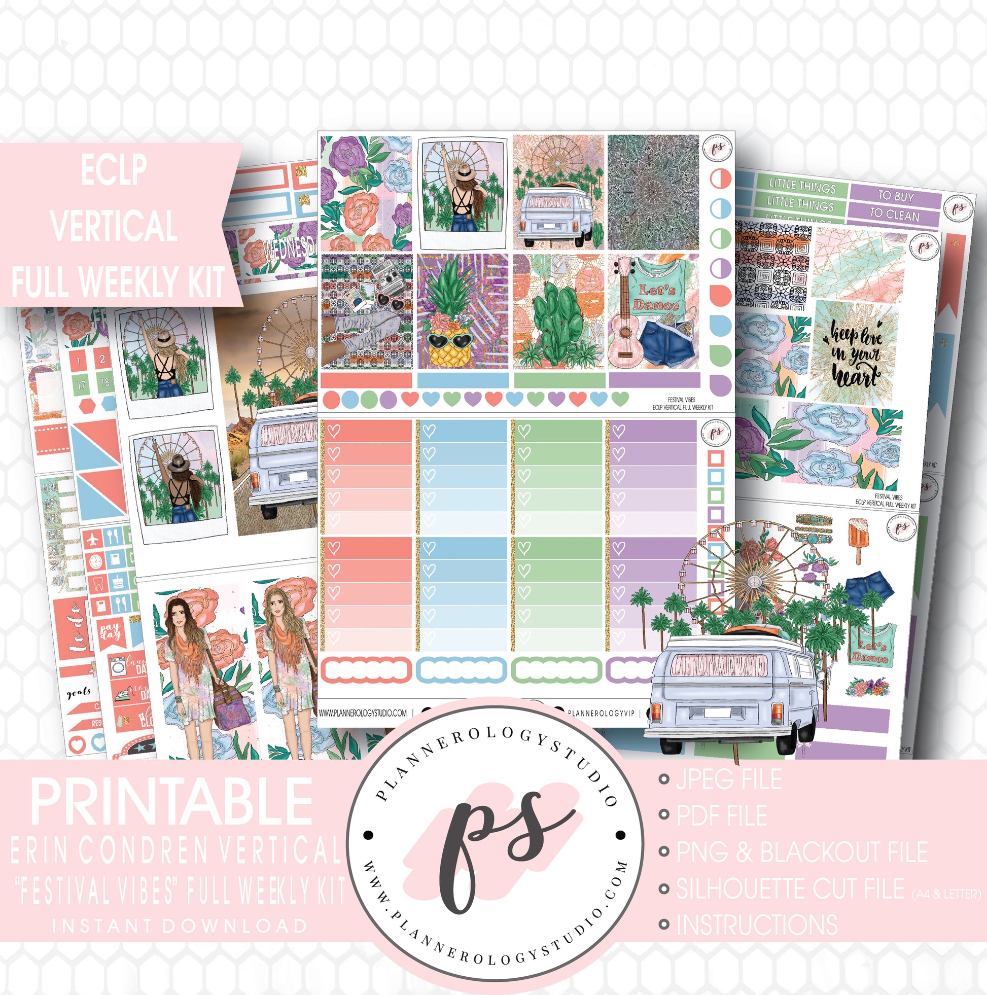 Festival Vibes Full Weekly Kit Printable Planner Stickers (for use with ECLP Vertical) - Plannerologystudio