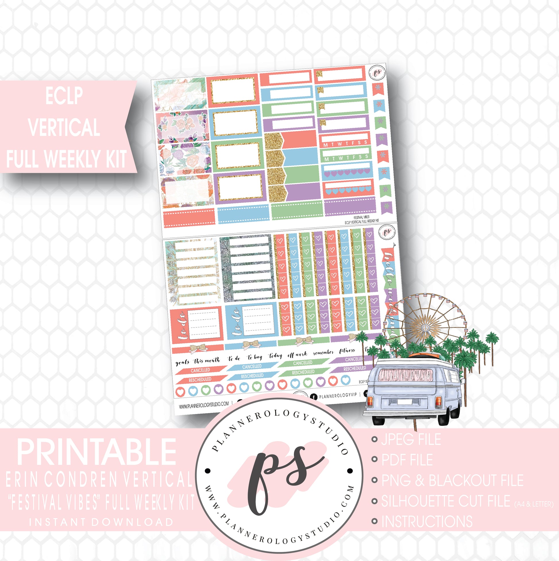 Festival Vibes Full Weekly Kit Printable Planner Stickers (for use with ECLP Vertical) - Plannerologystudio
