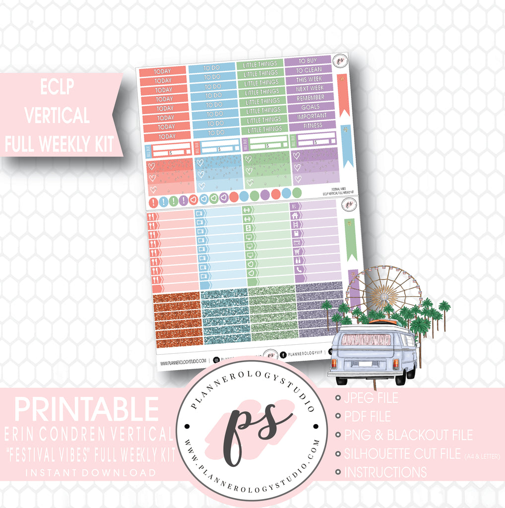 Festival Vibes Full Weekly Kit Printable Planner Stickers (for use with ECLP Vertical) - Plannerologystudio
