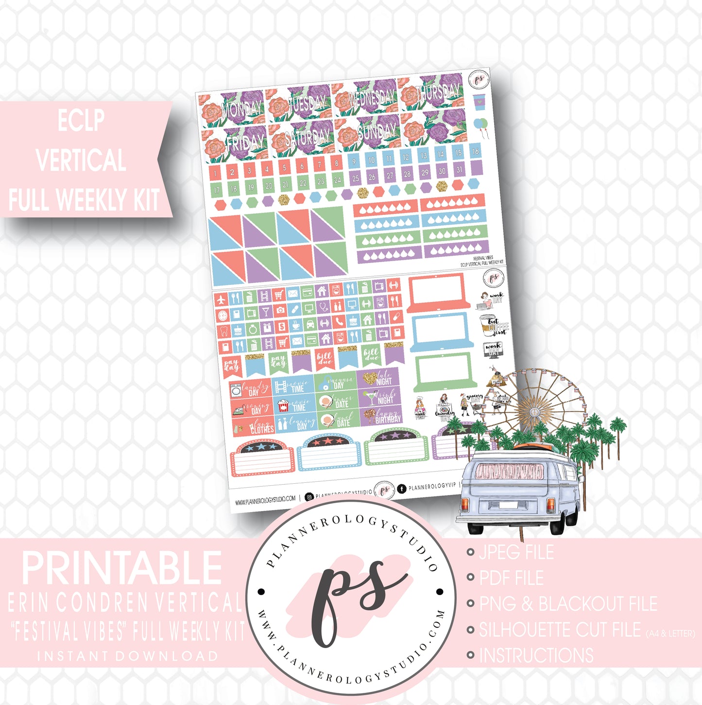Festival Vibes Full Weekly Kit Printable Planner Stickers (for use with ECLP Vertical) - Plannerologystudio