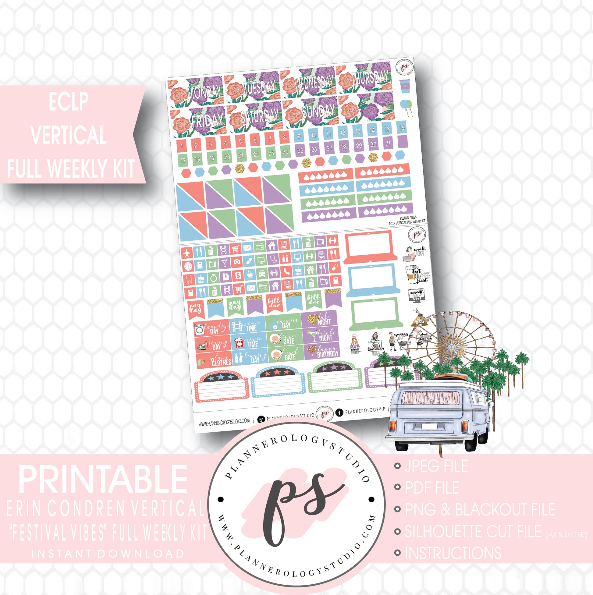 Festival Vibes Full Weekly Kit Printable Planner Stickers (for use with ECLP Vertical) - Plannerologystudio