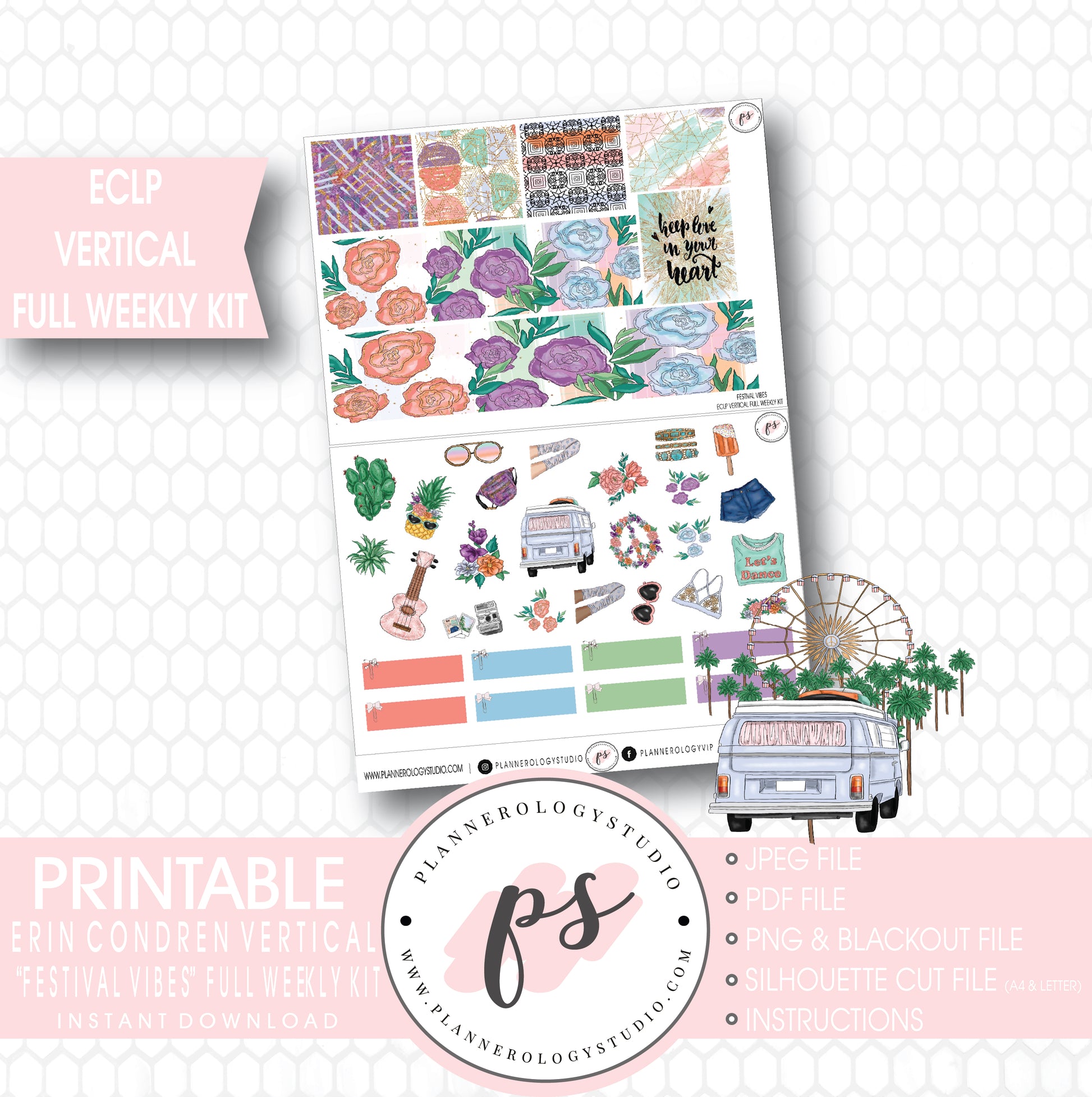 Festival Vibes Full Weekly Kit Printable Planner Stickers (for use with ECLP Vertical) - Plannerologystudio
