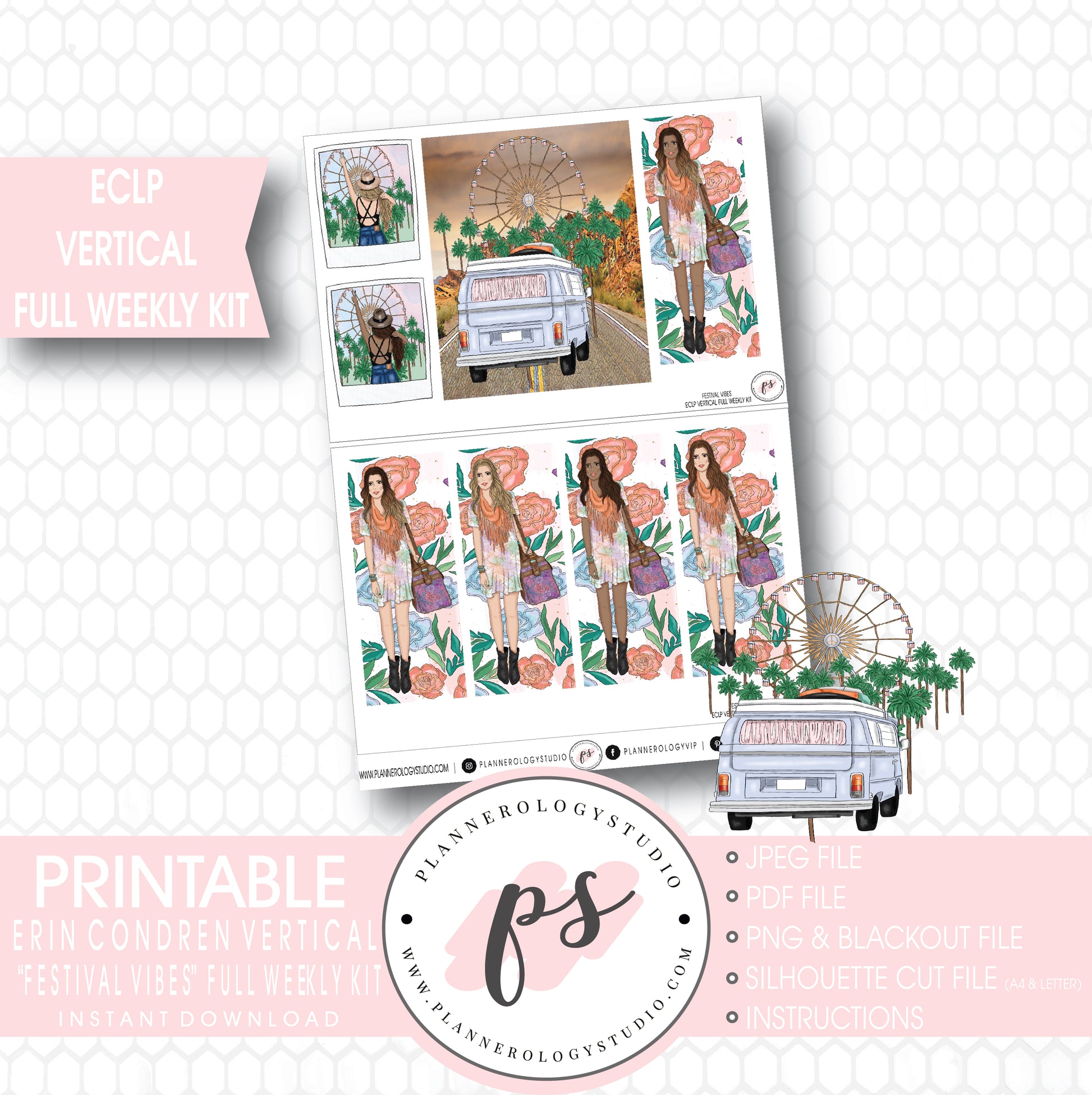 Festival Vibes Full Weekly Kit Printable Planner Stickers (for use with ECLP Vertical) - Plannerologystudio