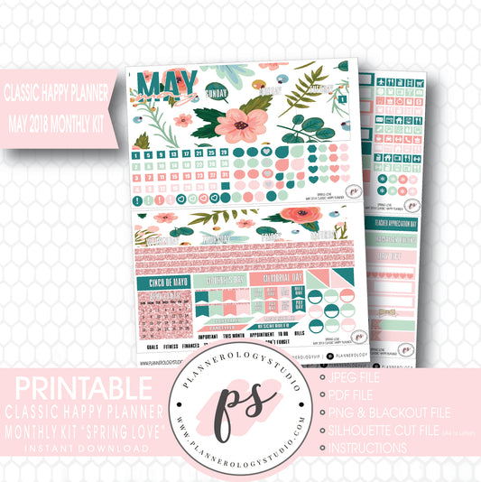 Spring Love May 2018 Monthly View Kit Digital Printable Planner Stickers (for use with Classic Happy Planner) - Plannerologystudio