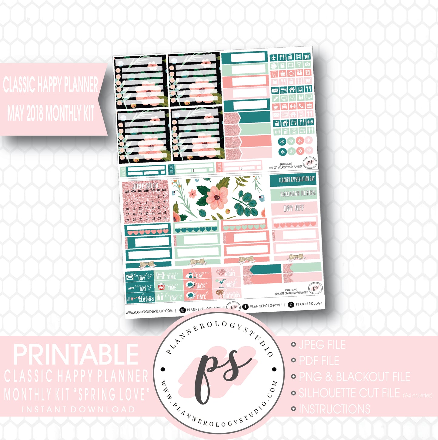 Spring Love May 2018 Monthly View Kit Digital Printable Planner Stickers (for use with Classic Happy Planner) - Plannerologystudio